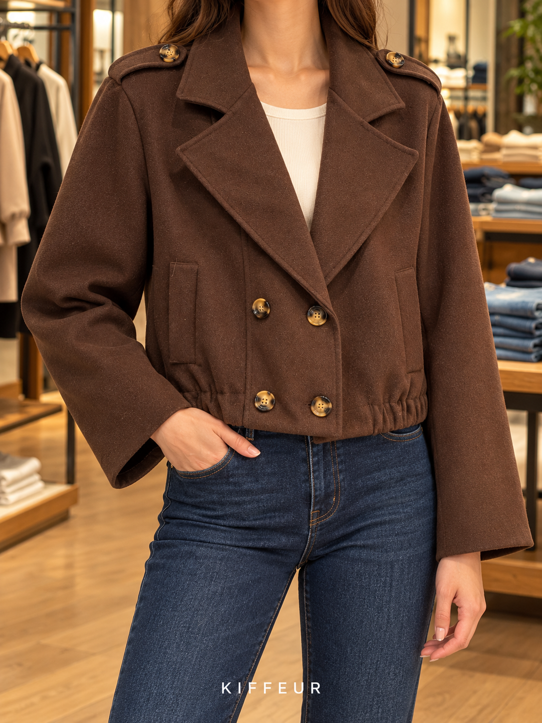 Veste courte à bas élastiqué portée – Marron
