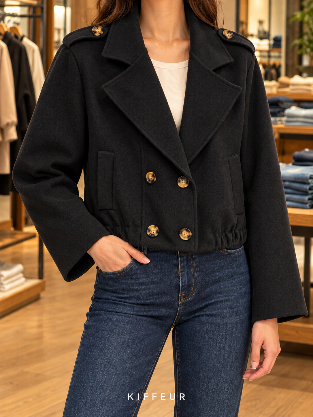 Veste courte à bas élastiqué portée – Noir