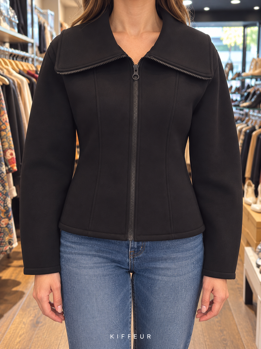 Veste courte noire zippée à grand col, portée de face en boutique KIFFEUR