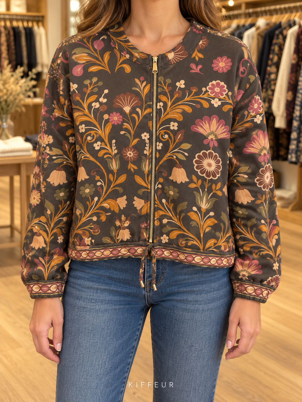 Veste courte zippée kaki à fleurs ocre et roses, portée de face en boutique KIFFEUR