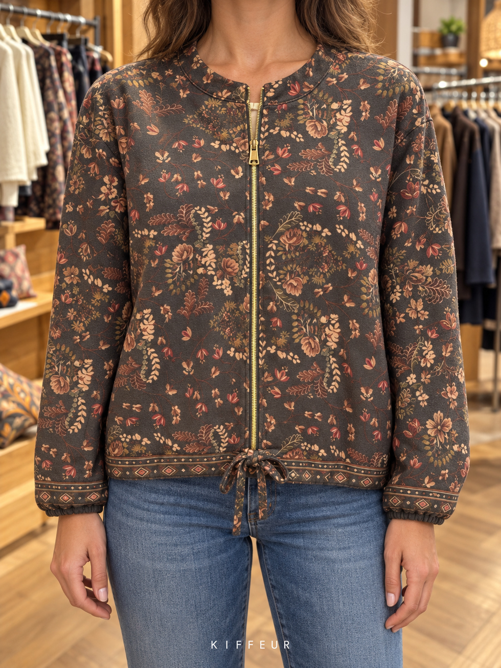Veste courte zippée Kaki à petites fleurs, portée de face en boutique KIFFEUR