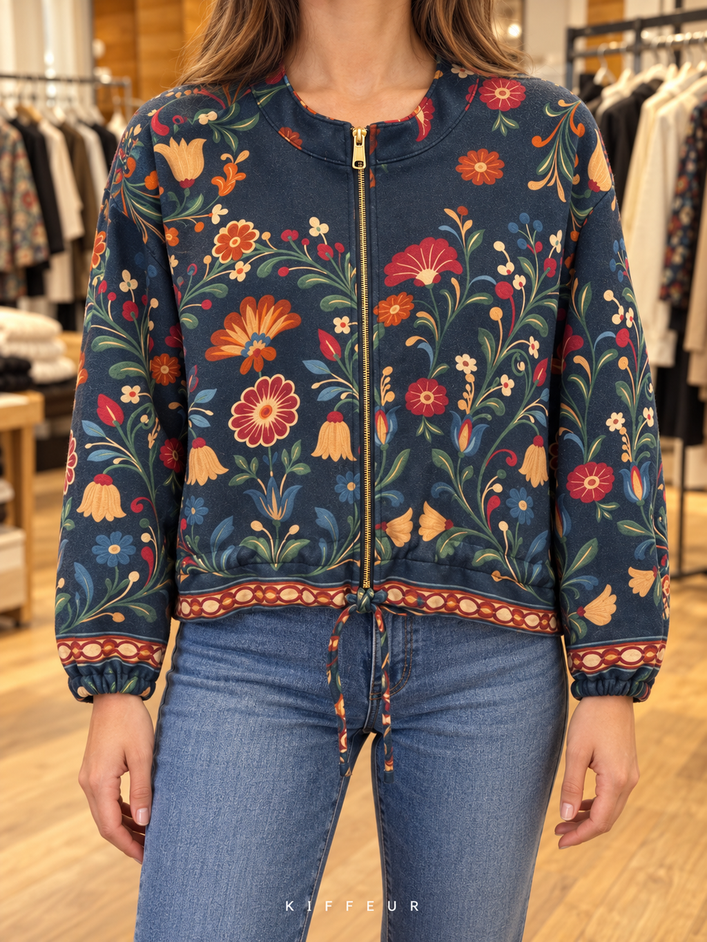 Veste courte zippée bleu marine à fleurs multicolores, portée de face en boutique KIFFEUR