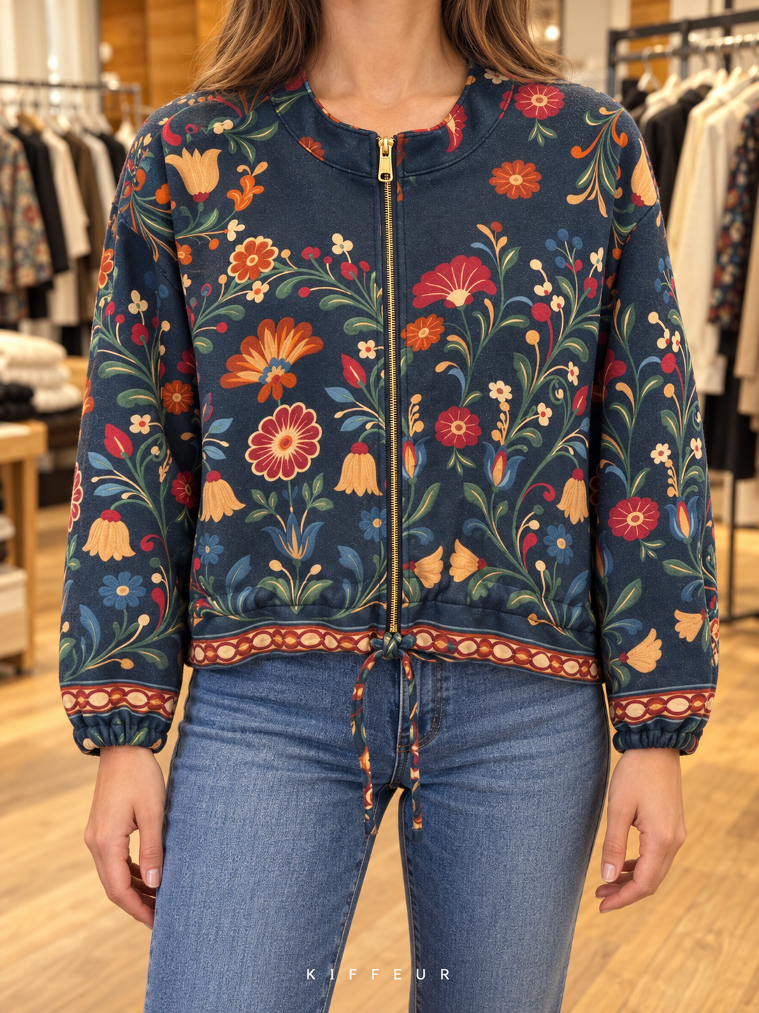 Veste courte zippée bleu marine à fleurs multicolores, portée de face en boutique KIFFEUR