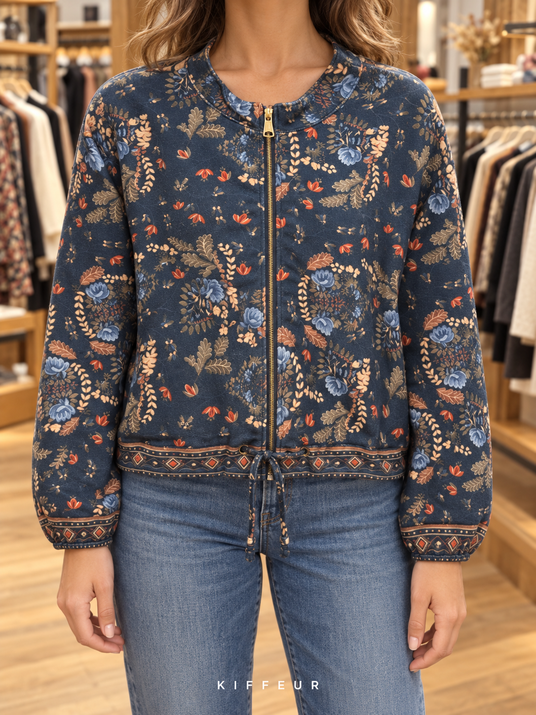 Veste courte zippée Bleu marine à petites fleurs, portée de face en boutique KIFFEUR