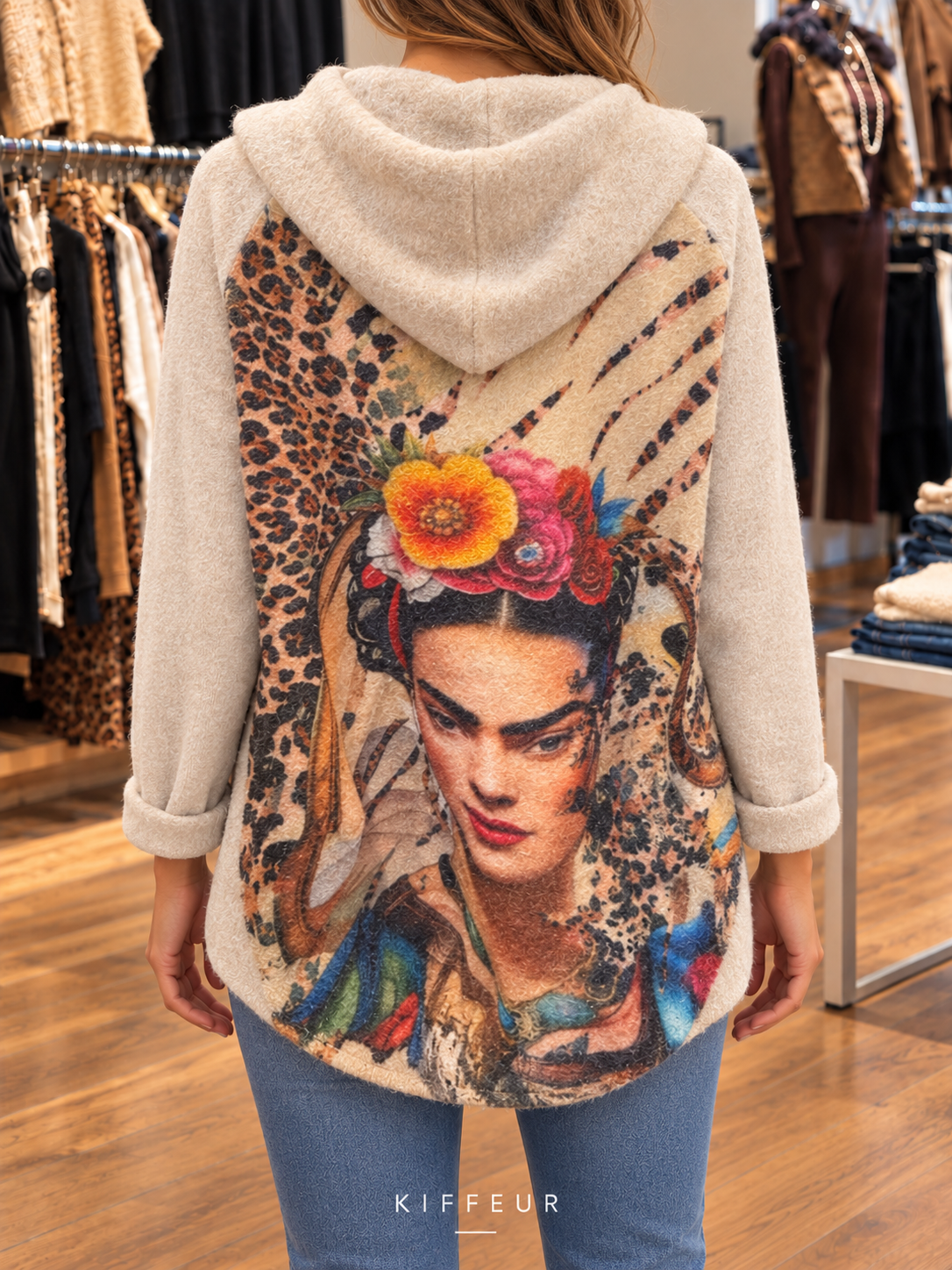 Veste zippée à capuche Portrait léopard – Écru portée en boutique KIFFEUR