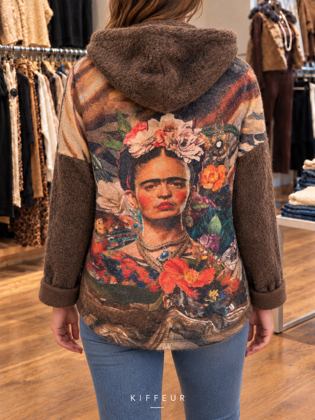 Veste zippée à capuche Portrait fleuri – Marron portée en boutique KIFFEUR